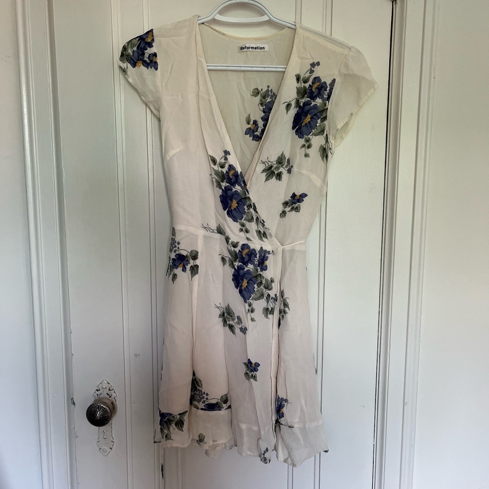 Reformation White and Blue Floral Wrap Dress